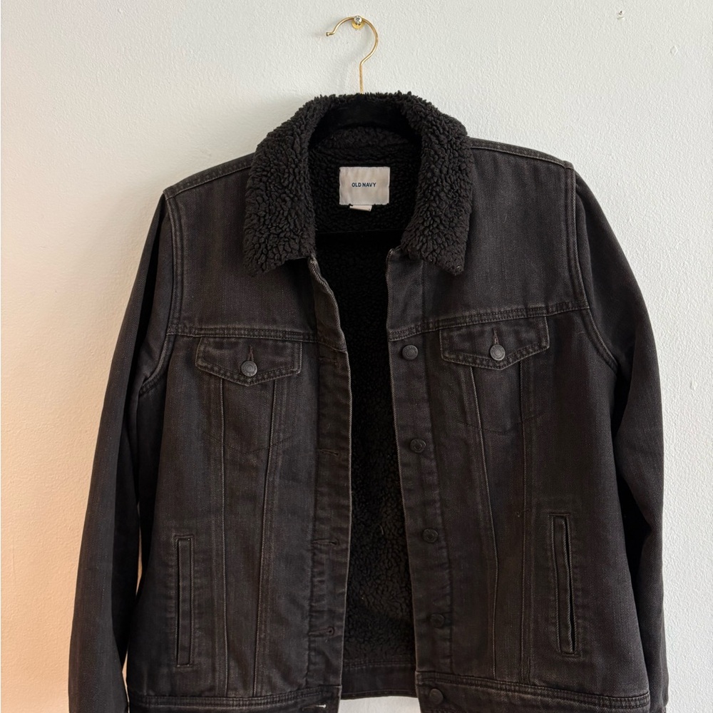 Black Denim Jacket with Sherpa Collar and Inner Lining